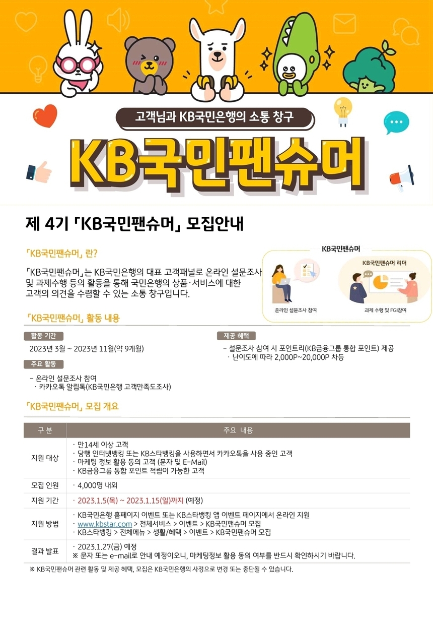 KB국민은행, 제4기 ‘KB국민팬슈머’ 고객패널 모집